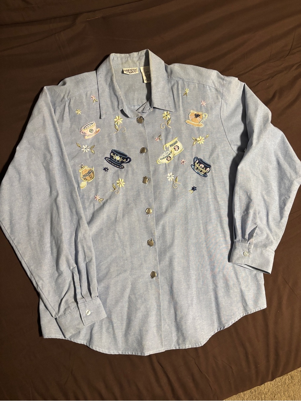 Embroidered Light Blue Button-Down Shirt with Tea Cup Motif